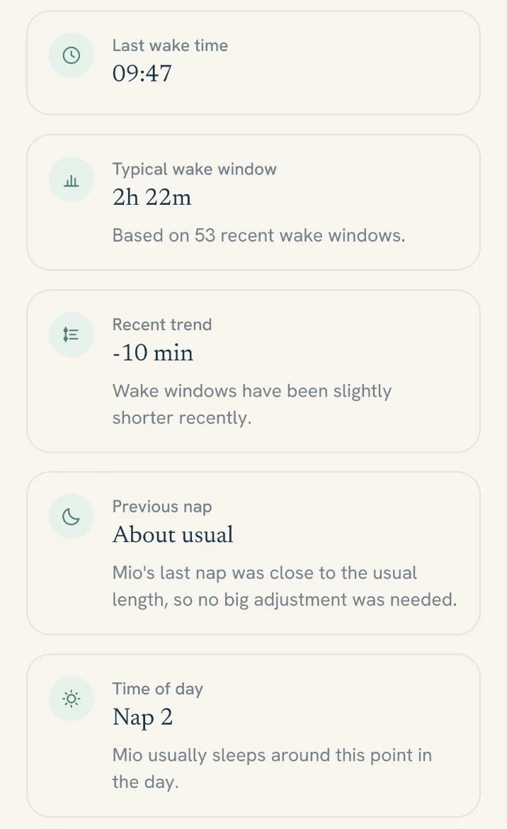 Prediction factors from the app: last wake time 09:47, typical wake window 2h 22m, recent trend minus 10 minutes.